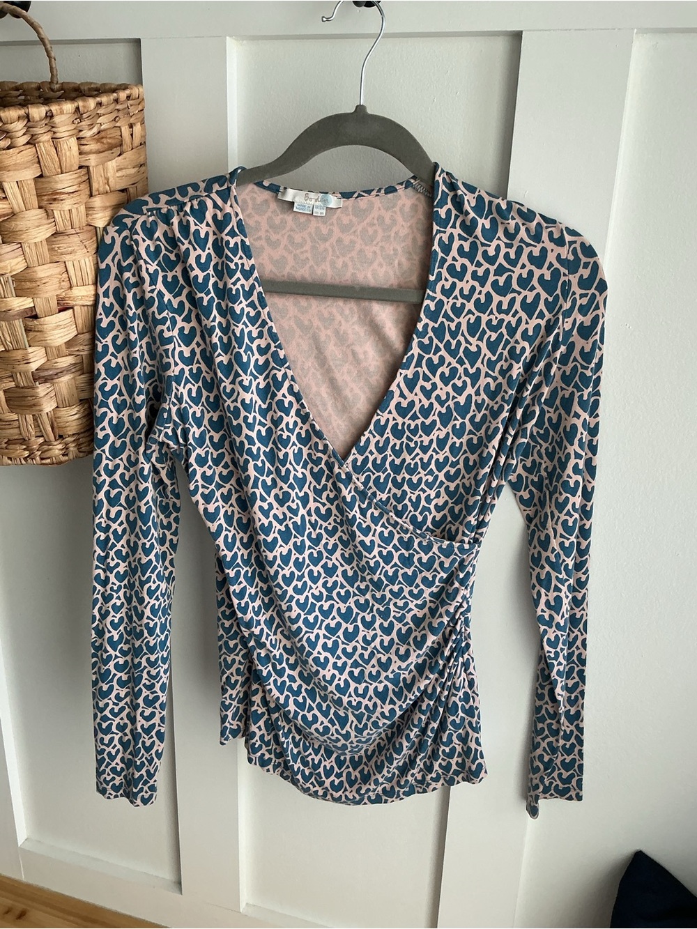 Boden Blue and Pink Heart-Print Wrap Top